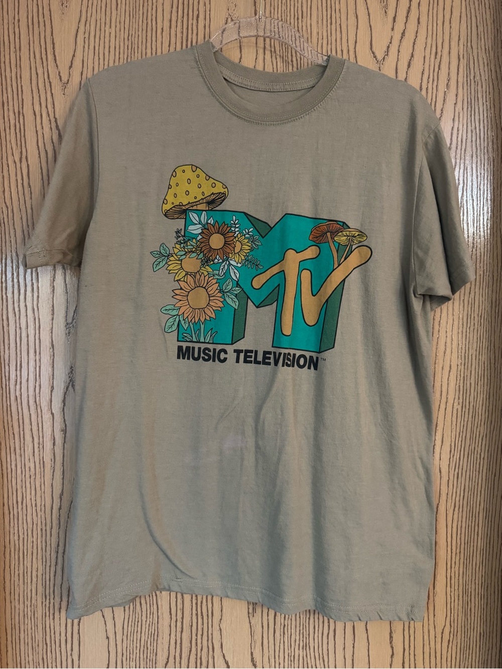 MTV Olive Tee with Teal & Yellow Logo